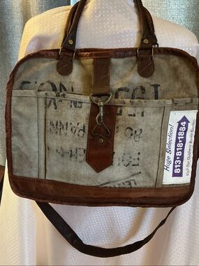Mona B Tan Canvas Messenger with Brown Leather Trim